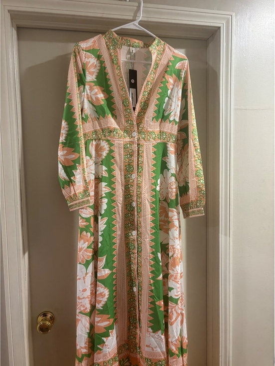 Lai Meng Five Cats Dresses & Skirts - NWT Boho Floral Button Front Maxi Dress Green Peach Long Sleeve Small